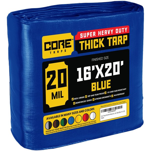 Core Tarps 20 ft L x 0.5 mm H x 16 ft W Heavy Duty 20 Mil Tarp, Blue, Polyethylene CT-705-16X20